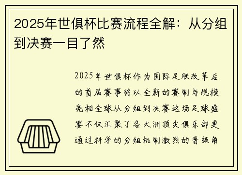2025年世俱杯比赛流程全解：从分组到决赛一目了然