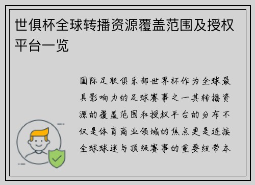世俱杯全球转播资源覆盖范围及授权平台一览