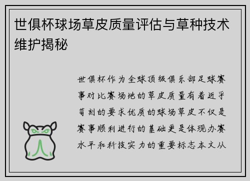 世俱杯球场草皮质量评估与草种技术维护揭秘
